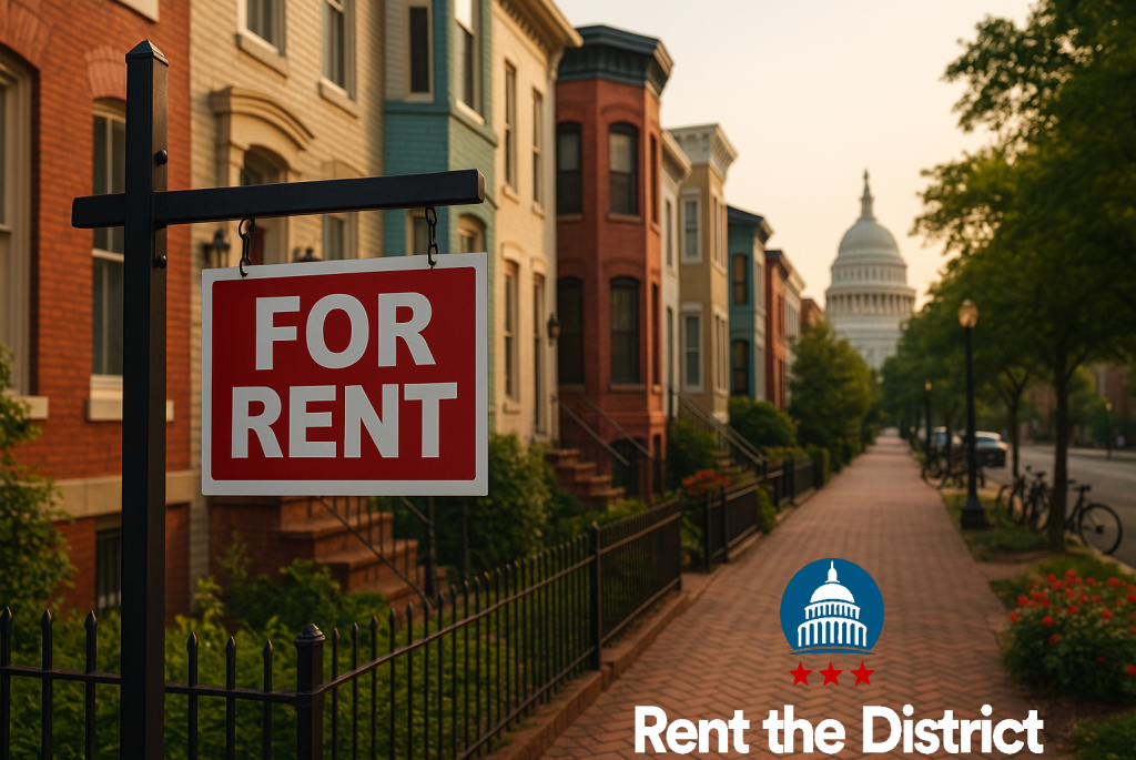 For rent sign in front of colorful row houses on a quiet Washington DC street with the U.S. Capitol in the background, representing Rent the District’s local property management services